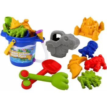 LEAN TOYS Sand Bucket Set with Shower, Spatula, Rake, Molds, Dinosaurs