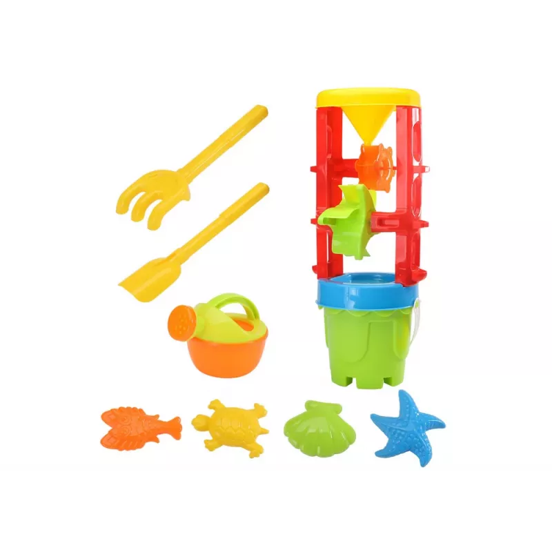 LEAN TOYS 18546 Sand Toy Set with Large Grinder, Bucket, and Colorful Molds – 7-Piece Beach and Sandbox Play Kit for Kids 12 Months+