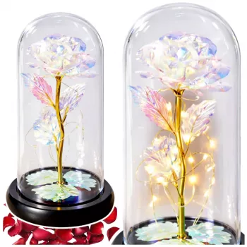 LEAN Eternal Rose in a Glass Crystal Dome, Colorful LED Lighting, 21x11cm