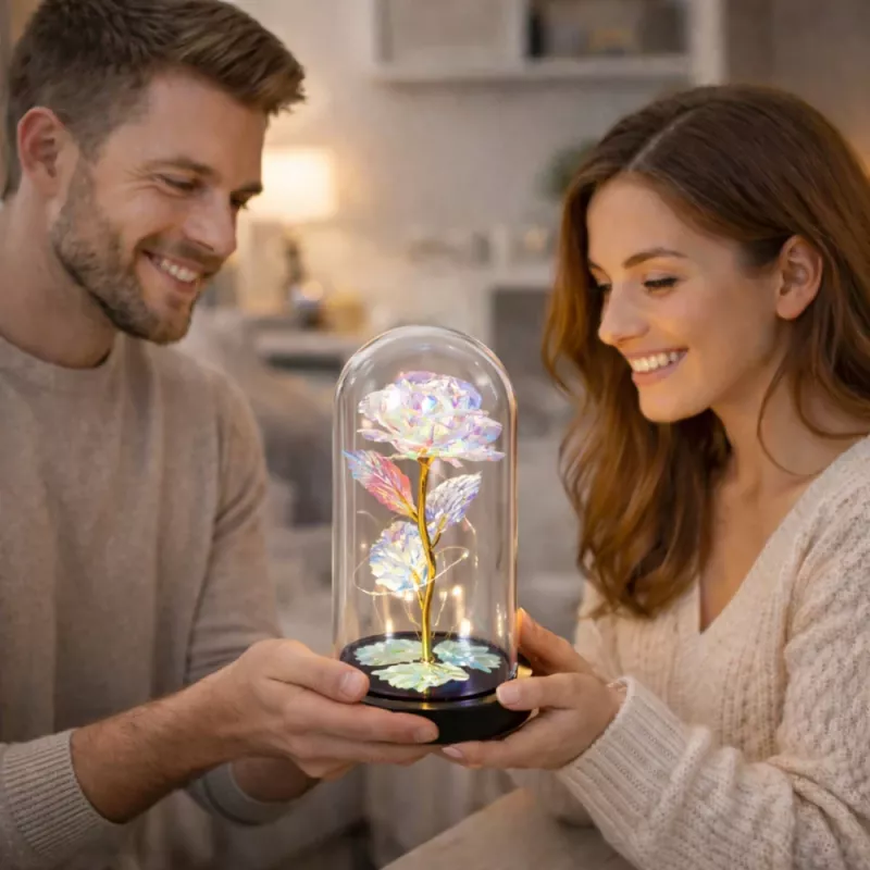 LEAN Eternal Rose in a Glass Crystal Dome, Colorful LED Lighting, 21x11cm