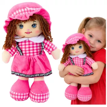 LEAN TOYS Rag Doll Cuddly Toy Checkered Dress Pink 35 cm