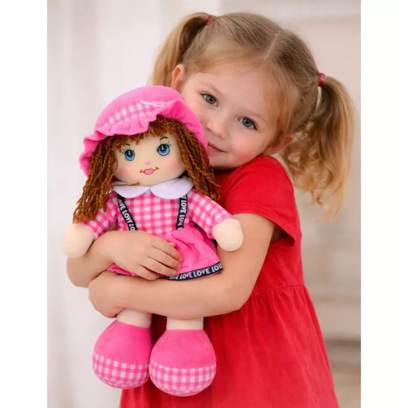 LEAN TOYS Rag Doll Cuddly Toy Checkered Dress Pink 35 cm