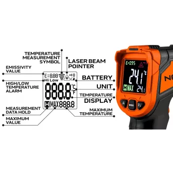 NEO TOOLS 75-276 Pyrometer, Non-Contact Infrared Thermometer with Dual Laser Targeting, -50°C to 880°C, 12:1 D:S, Adjustable Emissivity, Backlit LCD