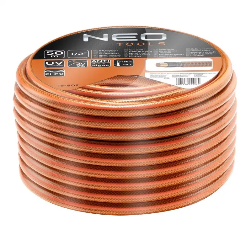 NEO TOOLS 15-802 1/2 inch x 50 m 4-Ply Garden Hose, 25 bar Burst Pressure, UV & Algae Resistant, Kink-Free Flexible PVC, Green
