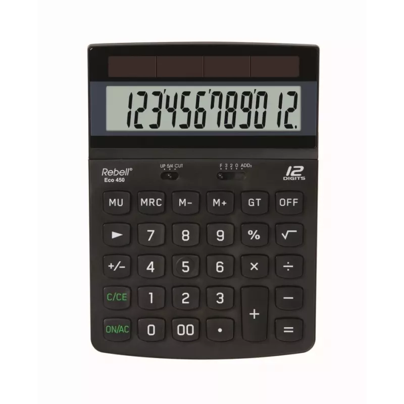 REBELL RE-ECO 450 BX Desktop Calculator, 12-Digit LCD, Dual Power, Recycled Plastic, Black