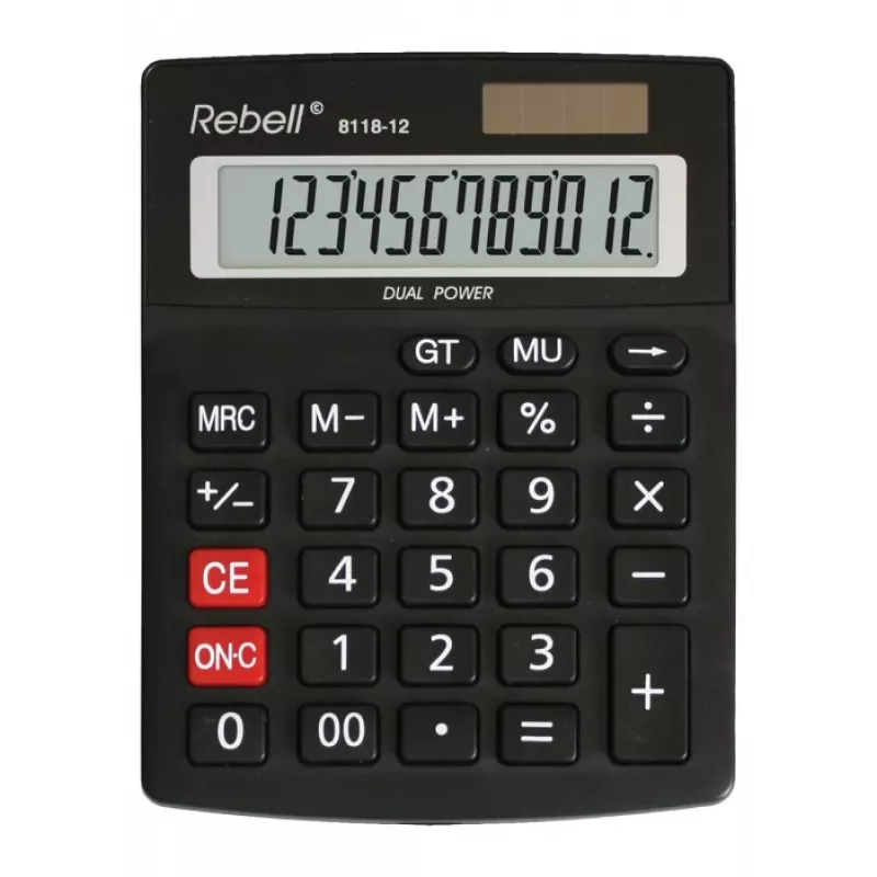 REBELL RE-8118-12 BX Semi-Desktop Calculator, 12-Digit Angled LCD, Dual Power Solar & Battery, Black