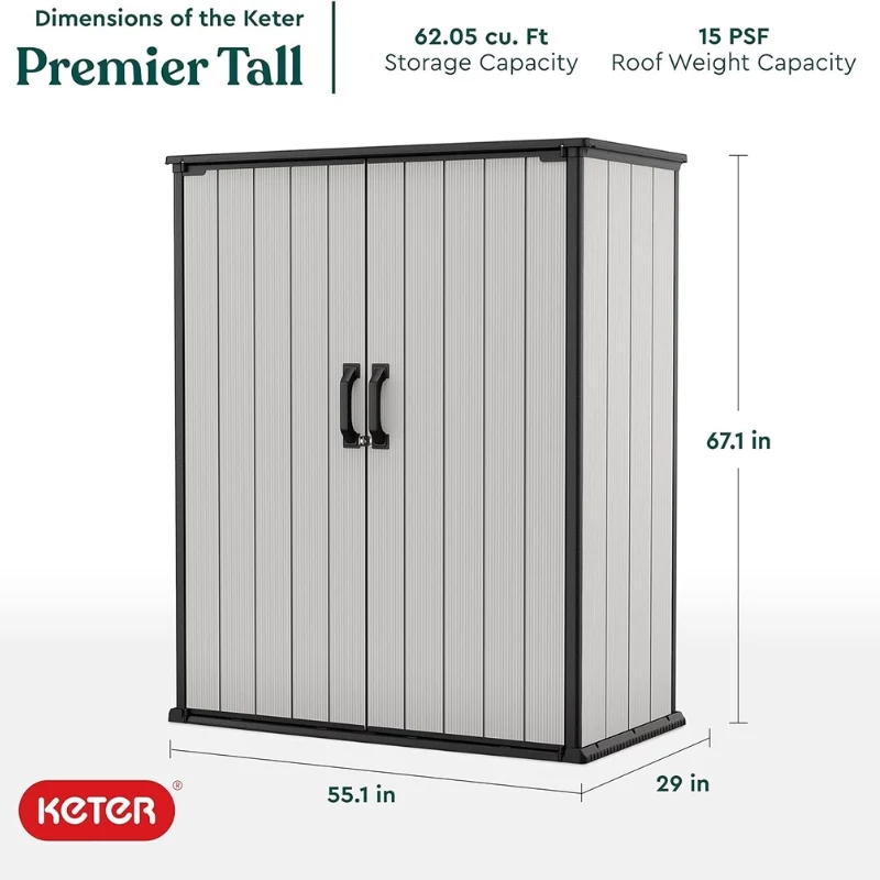 Keter Premier Tall Garden Cabinet 29209552 – Beige/Brown Resin Storage Shed, 1700L, Double-Wall, Lockable