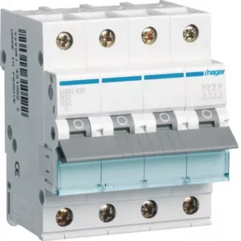 Hager MBN432 4-Pole 32A B-Curve 6kA Miniature Circuit Breaker
