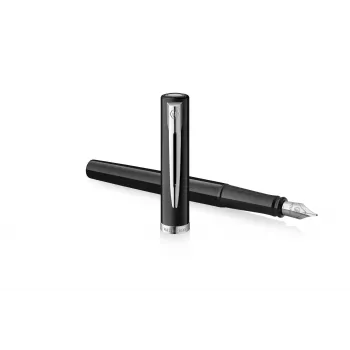 Waterman Impression Fountain Pen Black Lacquer Chrome Trim Fine Nib Blue Ink Gift Box 2225496
