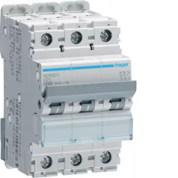 HAGER NCN325 3-Pole C-Curve 25A MCB, 10kA, 3 Modules