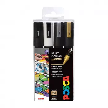 Uni-Ball Faber-Castell POSCA PC-5M Metallic Acrylic Paint Marker Set, 4 Colours, Medium Bullet Tip 1.8-2.5mm 182544