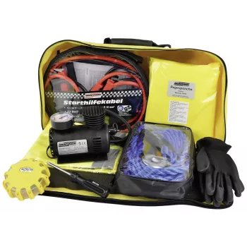 BRÜDER MANNESMANN Automotive Emergency & Breakdown Kit with Warning Triangle, Safety Vest, First Aid Kit, Tow Rope, Jumper Cables, Work Gloves in Neon Yellow Nylon Bag (M01782)