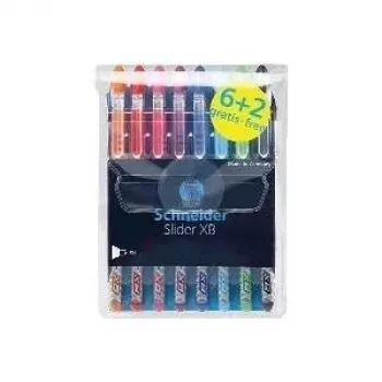 Schneider Slider Basic Ballpoint Pen Set - 8 Assorted Colours, Extra Broad 1.4 mm Tip, Viscoglide Technology, Ergonomic Rubberized Grip, Stainless Steel Clip 151298