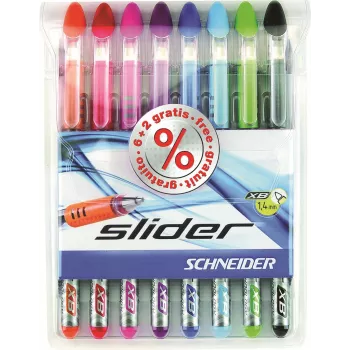 Schneider Slider Basic Ballpoint Pen Set - 8 Assorted Colours, Extra Broad 1.4 mm Tip, Viscoglide Technology, Ergonomic Rubberized Grip, Stainless Steel Clip 151298
