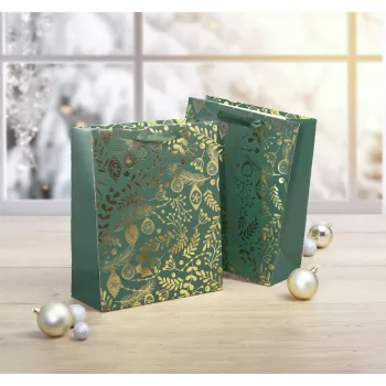 SIGEL GT118 Gift Bags, Golden Ornaments on Green, 26 x 32 cm, Pack of 5