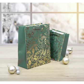 SIGEL GT118 Gift Bags, Golden Ornaments on Green, 26 x 32 cm, Pack of 5