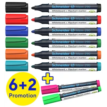 Schneider Maxx 290 Whiteboard and Flipchart Marker Set of 8 Assorted Colours, Bullet Tip 2.0-3.0 mm 129098
