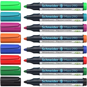 Schneider Maxx 290 Whiteboard and Flipchart Marker Set of 8 Assorted Colours, Bullet Tip 2.0-3.0 mm 129098