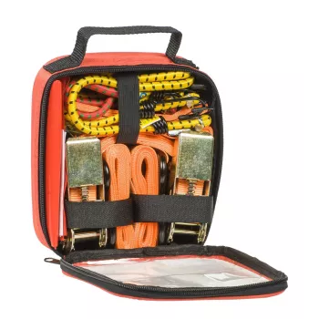 KWB 983800 Securing Strap Assortment, 4-Piece Set – 2 Lashing Straps 2.5 m x 25 mm with Quick-Release Buckle, 2 Elastic Straps 1 m x 8 mm with Hooks, Black/Orange