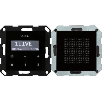Gira Flush-Mounted RDS Radio Insert, Black Glass Look, FM Tuner, 8 Presets, 2 W RMS, 230 V AC 228005