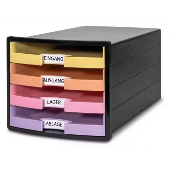 HAN IMPULS Drawer Box, 4 Open Drawers, Black/Pastel, Polystyrene, up to DIN C4 1013-139