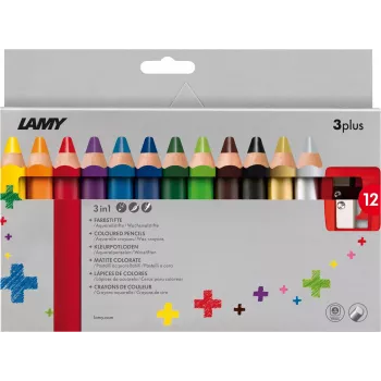 LAMY 3plus Colour Pencils Set of 12, Extra Thick 3.3 mm Break-Resistant Leads, Ergonomic Triangular Grip, Assorted Colours 1223548