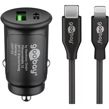 Goobay Dual-USB Car Fast Charger Set Lightning 27 W - USB-C and USB-A Car Charger with USB-C to Lightning Cable 72166
