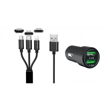 IWH Dual USB Car Charger 3-in-1 12/24V 3.4A Black (19061)