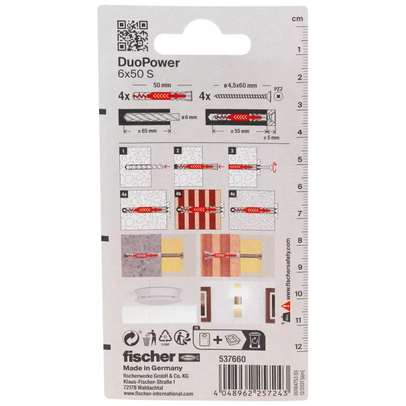 Fischer DuoPower 6 x 50 S K NV Universal Plug with Screw, 1 Set (537660)