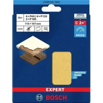 Bosch 2608901668 Sanding Paper for Orbital Sander, 10-Piece Set, Grit 60/120/180, 107 x 115 mm
