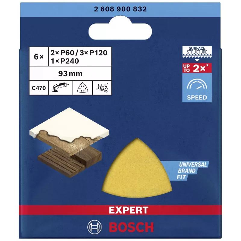 Bosch EXPERT C470 Delta Sanding Sheet Set 93 mm P60/P80/P120 Hook-and-Loop Perforated 6-Pack 2608900832