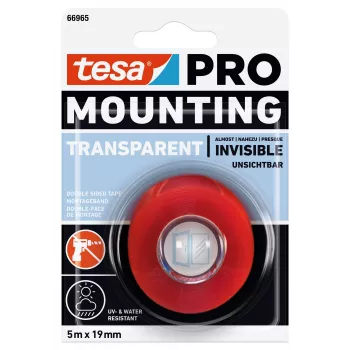 tesa Mounting PRO Transparent 66965-00001-00 Double-Sided Acrylic Foam Mounting Tape, 5 m x 19 mm, Holds up to 10 kg/m, UV & Moisture Resistant, for Indoor & Outdoor