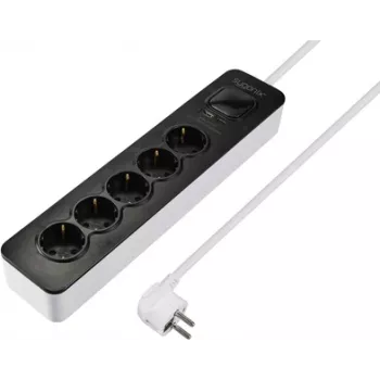 Sygonix SY-6118234 5-Way Power Strip with Switch, Black/White, 1.5m Cable