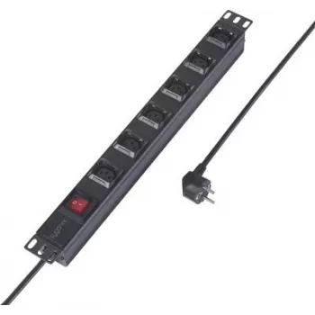 Sygonix SY-6736982 19 inch 6-Way Schuko PDU Power Strip, 1U Rack Mount, 2m Cable, Black