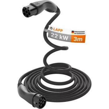 LAPP MOBILITY Self-Retracting Type 2 EV Charging Cable, 22 kW, 3 m, Black (75749)