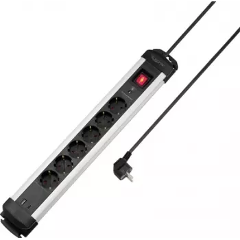 Sygonix SY-6807132 6-Way Surge Protected Power Strip, Black/Silver, 1.5m Cable