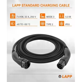 LAPP MOBILITY Type 2 EV Charging Cable, 7.4 kW, 5 m, Black (61780)