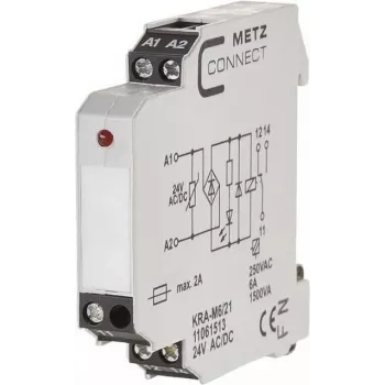 METZ CONNECT KRA-M6/21 Interface Relay Module, White, 12-24 V AC Input, 250 V AC Output, DIN Rail Mount 11061513