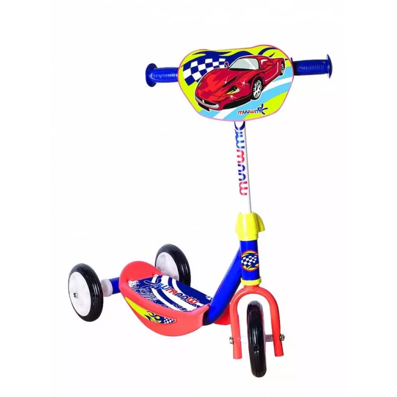 MUUWMI AU 506 KiddyScooter Racing 3-Wheel Kick Scooter for Kids 3+ Years, Blue/Red, LED Light-Up Front Wheels, Adjustable Handlebar 58-68 cm, Max 20 kg