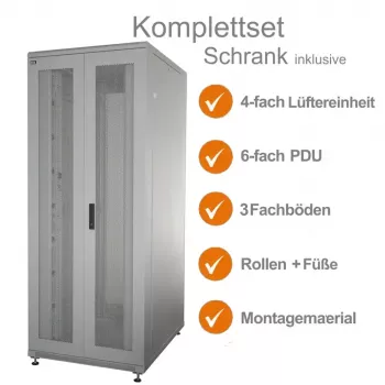 IT-BUDGET 19 inch Server Rack SRK Complete Set - 42U - WxD 800x1000 mm - Perforated Double Doors Front + Rear - 4 Active Fans - PDU - Shelves - Assembled - Light Grey 99ITB19SRK42810DTGM