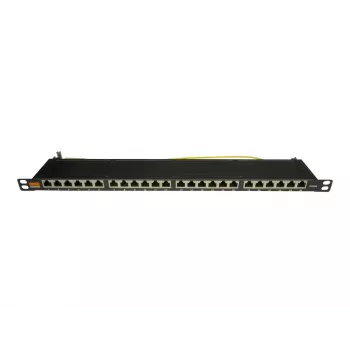 IT-BUDGET 19 inch Super Flat Patch Panel, 0.5U, Fully Shielded, Cat.6A, 24 Ports, PoE++, Black (90ITBPP6A05S)