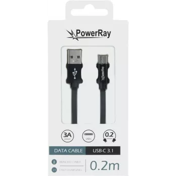 PowerRay PR-DCUC020TBK USB-A to USB-C Data & Charging Cable, 0.2 m, Textile Black, Blister