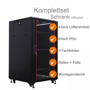 IT-BUDGET 19 inch Network Cabinet SRK Complete Set - 18U - 600x600 mm - Glass/Solid Steel Door - 4 Active Fans - PDU - Shelves - Assembled - Black 99ITB19SRK1866GSM