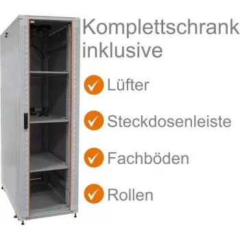 IT-BUDGET 19-Network Cabinet SRK - Complete Set - 38U - 600x600 mm - Glass/Solid Steel Door - 4 Active Fans - PDU - Shelves - Assembled - Light Grey 99ITB19SRK3866GGM