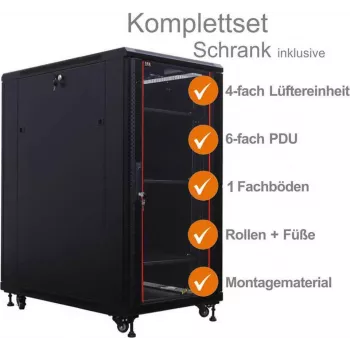 IT-BUDGET 19 inch Network Cabinet SRK Complete Set - 18U - 600x1000 mm - Glass/Solid Steel Door - 4 Active Fans - PDU - Shelves - Assembled - Black 99ITB19SRK18610GSM