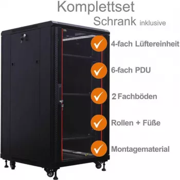IT-BUDGET 19 inch Network Cabinet SRK Complete Set 22U 600x600mm Glass/Solid Door 4 Fans PDU Shelves Assembled Black 99ITB19SRK2266GSM