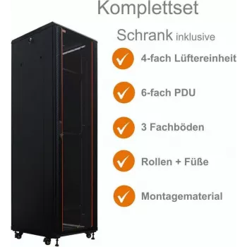 IT-BUDGET 19 inch Network Cabinet SRK Complete Set 38U 600x800mm Glass/Solid Door 4 Active Fans PDU Shelves Flatpack Black 90ITB19SRK3868GS