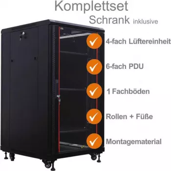 IT-BUDGET 19 inch Network Cabinet SRK Complete Set - 18U - 600x600 mm - Glass/Solid Door - 4 Active Fans - PDU - Shelves - Flatpack - Black 90ITB19SRK1866GS