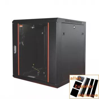 IT-BUDGET 19 inch Network Cabinet SWA - 12U - 570x450 mm - Glass Door - Removable Sides - Wall & Floor Mount - Accessory Set - Black (90ITB19WS12645GS)