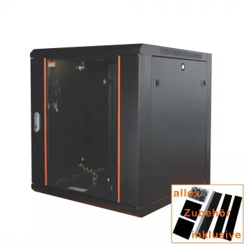 IT-BUDGET 19 inch Network Cabinet SWA - 12U - 570x450 mm - Glass Door - Removable Sides - Wall & Floor Mount - Accessory Set - Black (90ITB19WS12645GS)